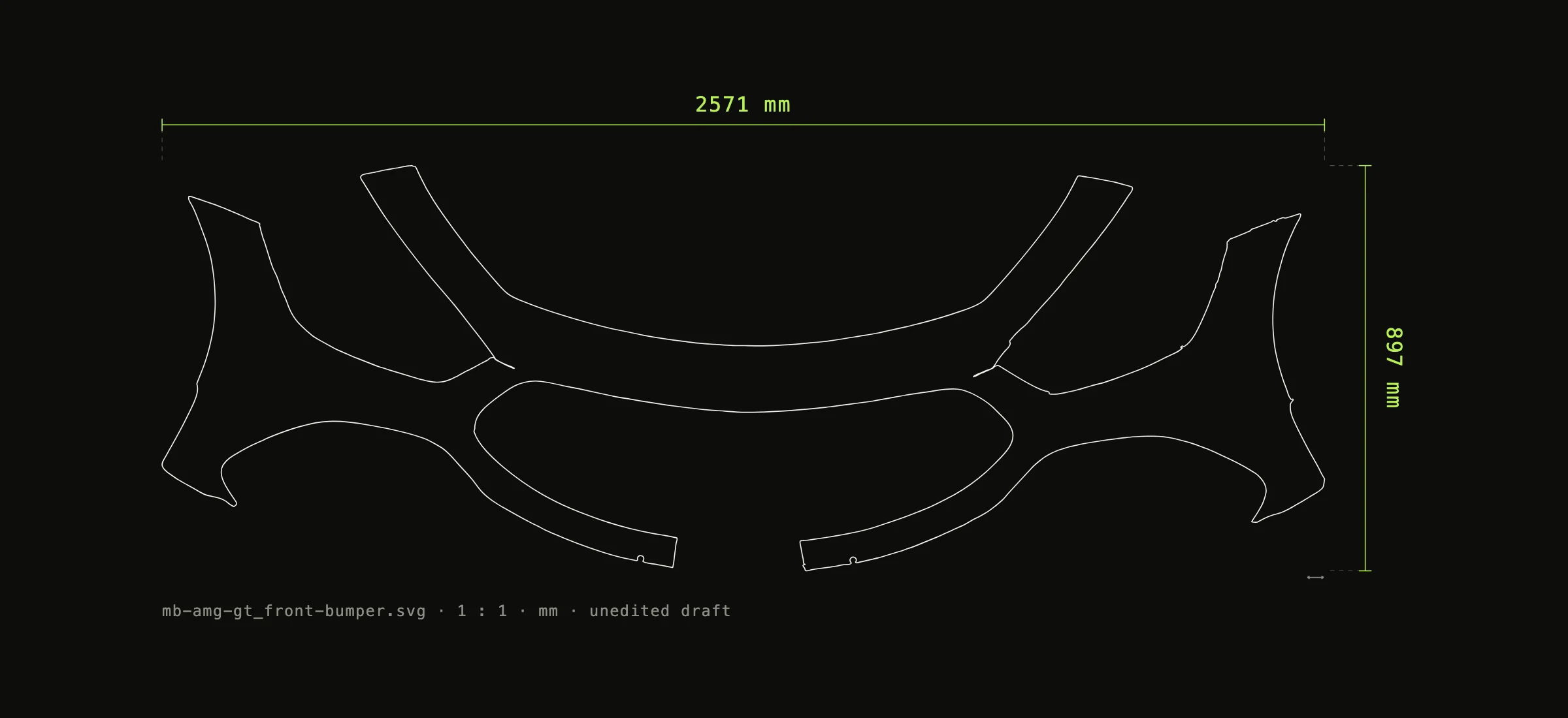 The exported cut file drawn as a dimensioned sheet: the bumper outline in white on black, 2571 millimetres wide and 897 millimetres tall, with a scale mark.