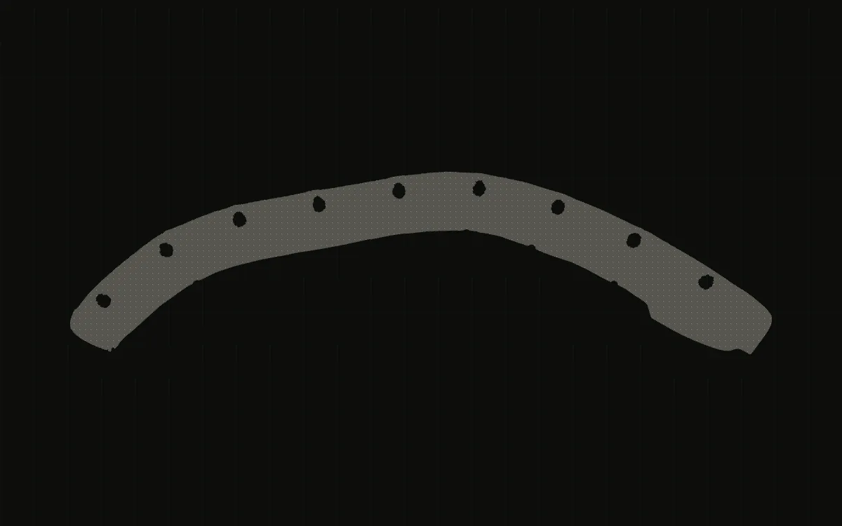 A real RAM 1500 bolt-on fender flare after flattening in PPF Engine: the curved 3D scan resolved into a flat, measured cutting template with its nine bolt recesses, the transform the scroll above performs.