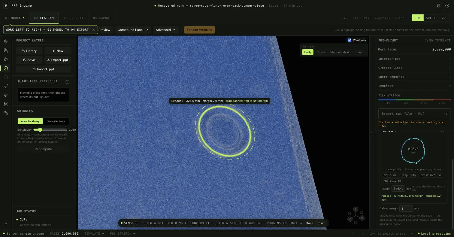 PPF Engine's flatten step: a detected parking-sensor ring on a Range Rover rear-bumper scan, confirmed at Ø 26.5 mm with a dashed 2 mm margin ring, pre-flight checks in the right panel.
