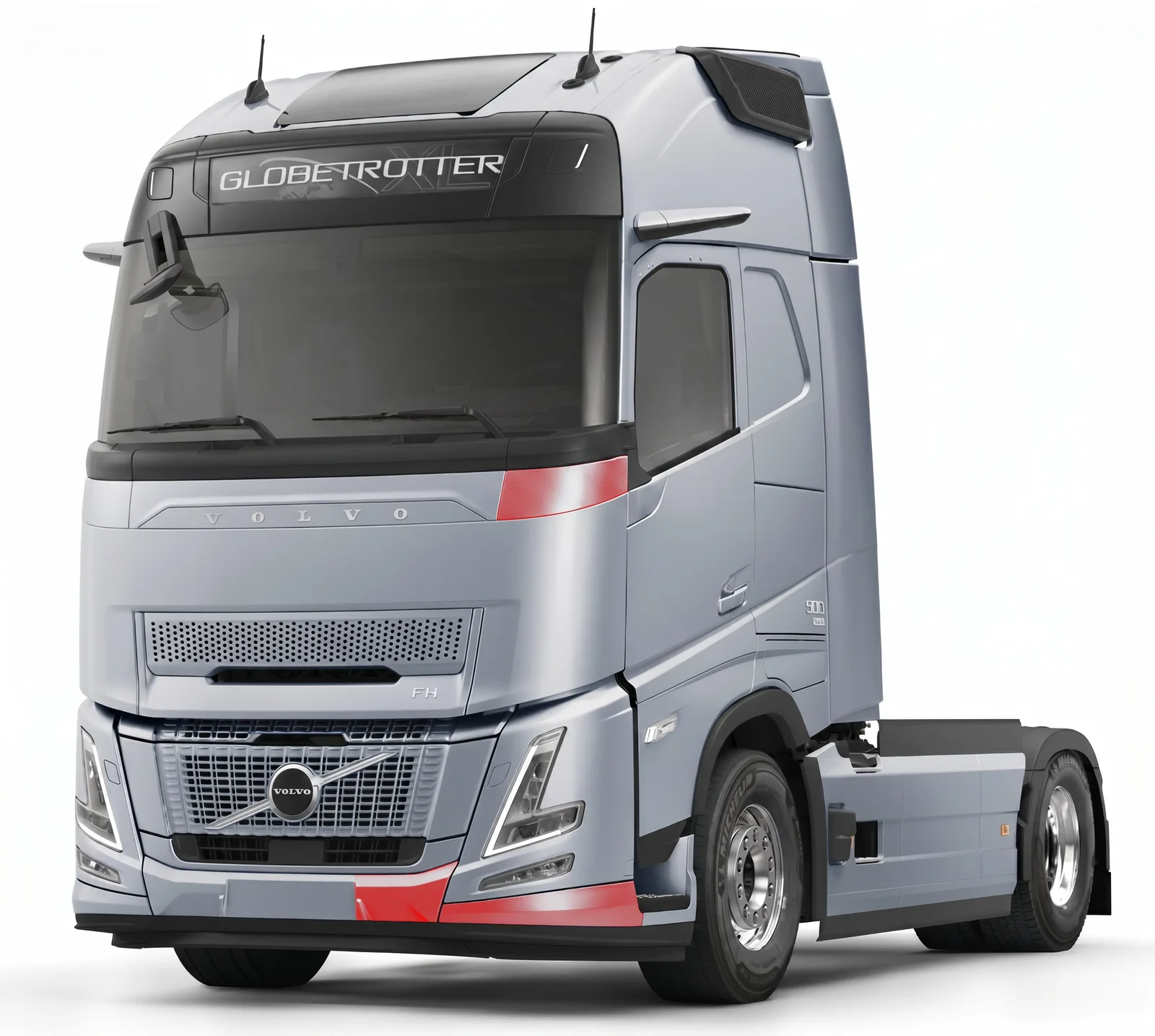 Studio rendering of a silver Volvo FH Aero with the patterned upper trim and lower bumper panels highlighted in red.